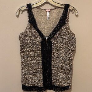Leopard Print Camisole with Black Lace Trim